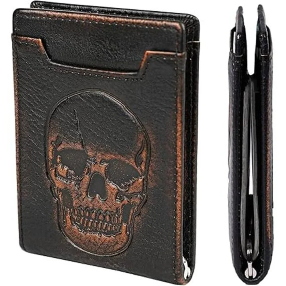 Skull Wallet for Men with Money Clip Genuine Leather Bifold RFID Blocking Mens
